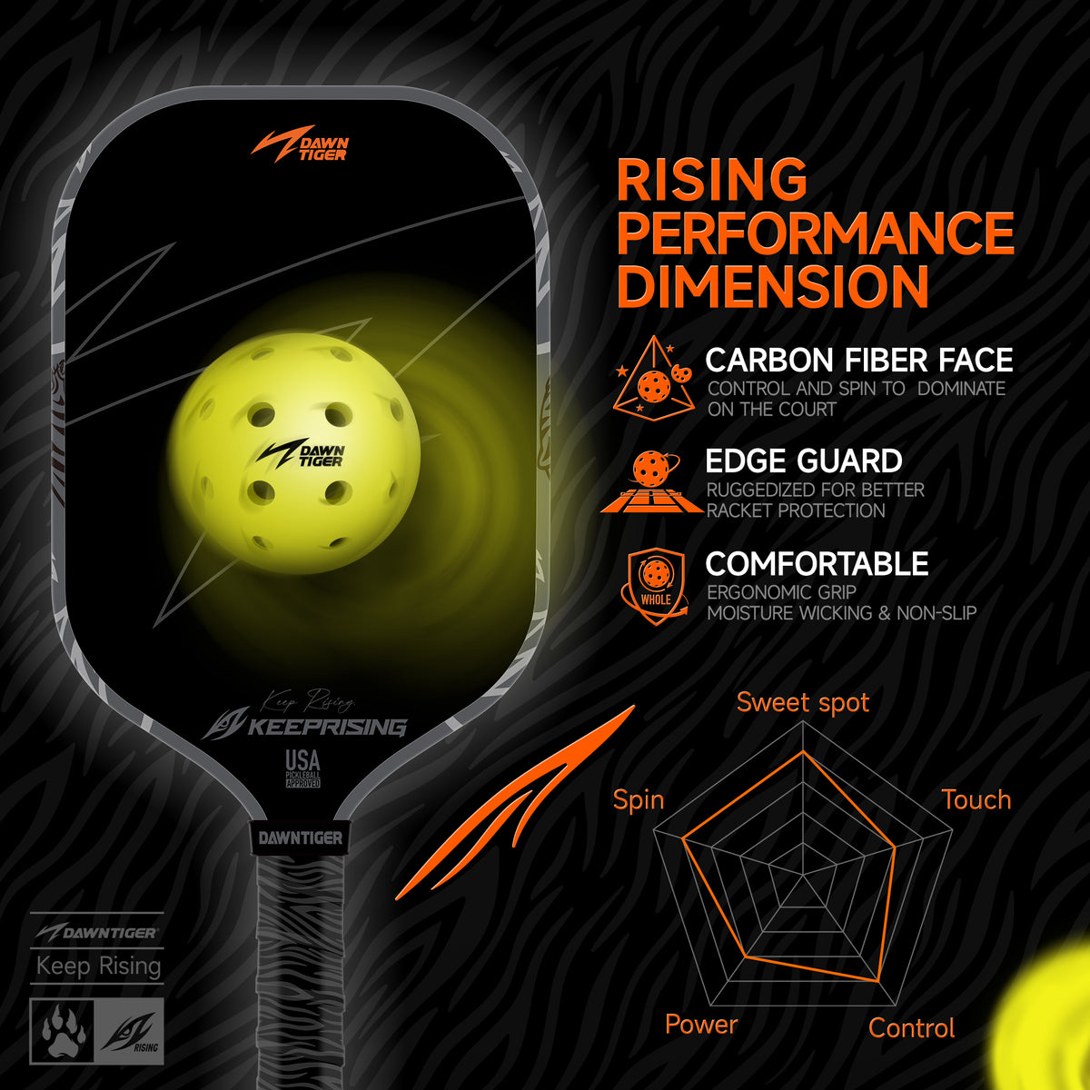 DAWNTIGER Rising Pickleball Paddle, Toray T700 Carbon, USAP Approved