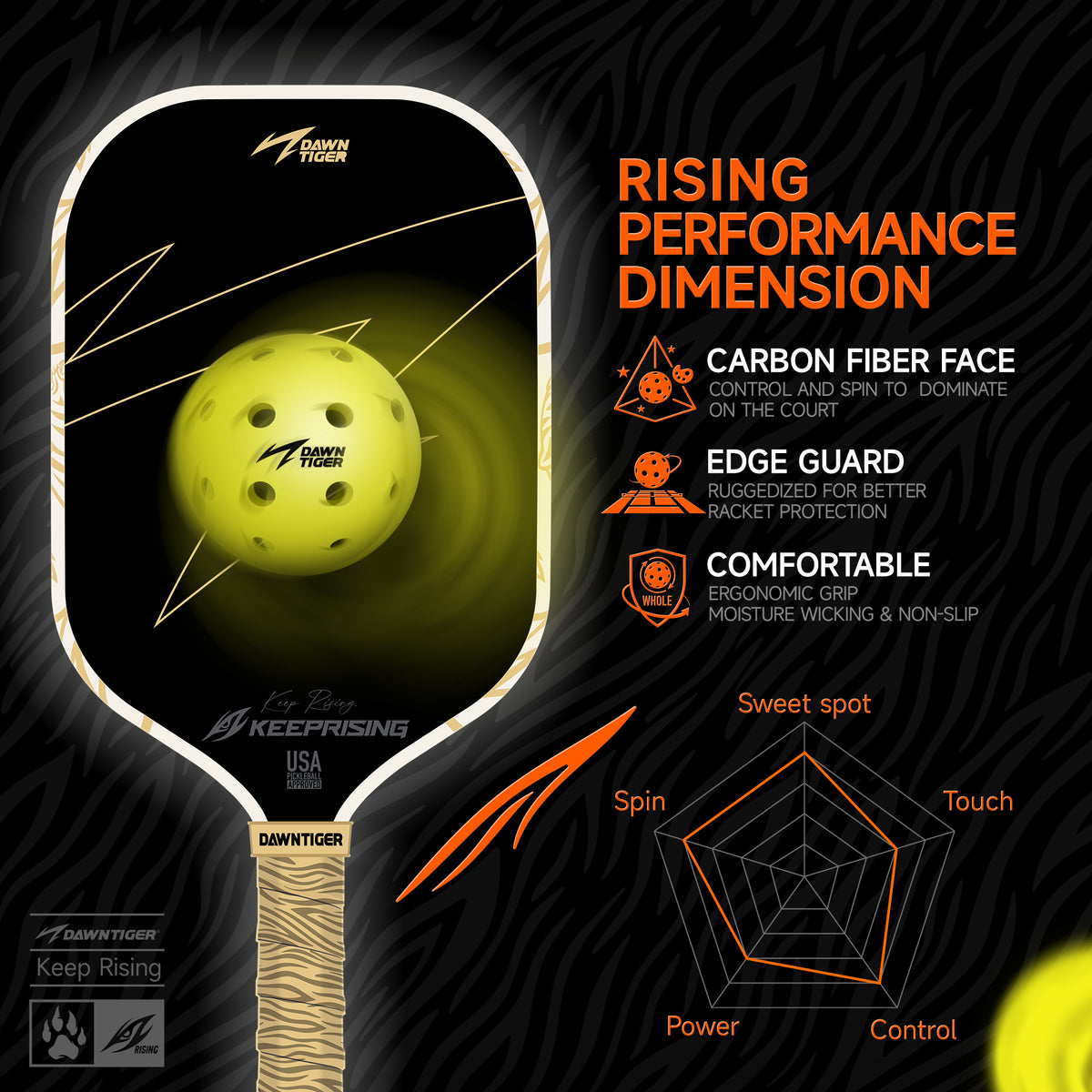 DAWNTIGER Rising Pickleball Paddle, Toray T700  Carbon, USAP Approved