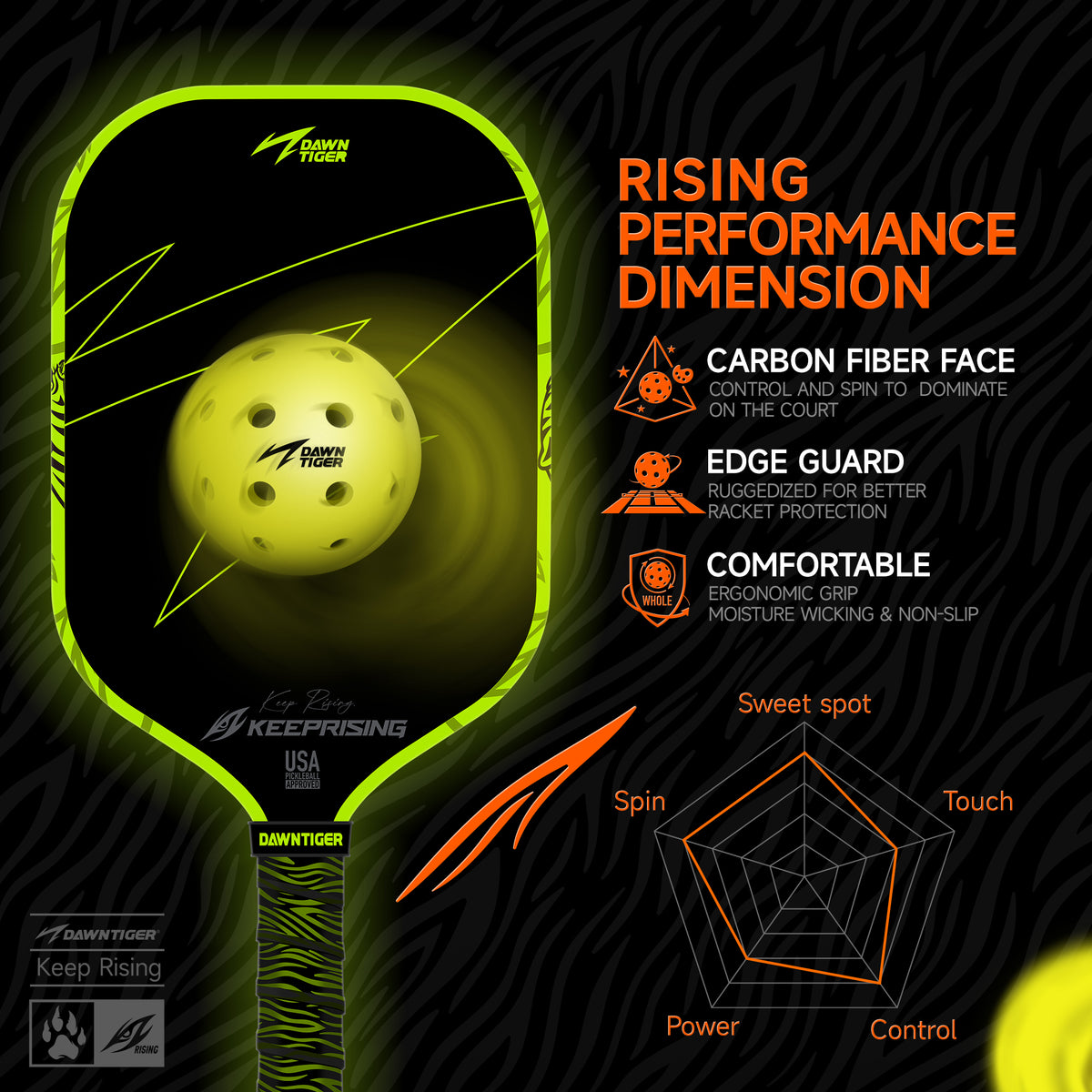 DAWNTIGER Rising Pickleball Paddle, Toray T700  Carbon, USAP Approved